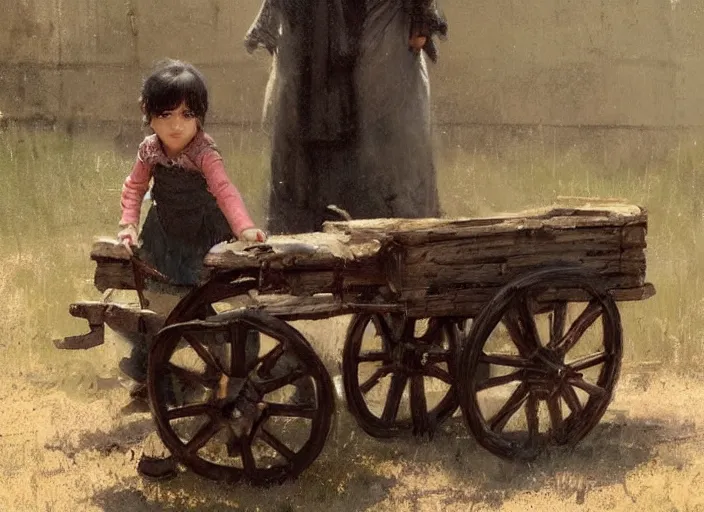 Prompt: little girl with short black hair pulling toy wagon, masterpiece by greg rutkowski