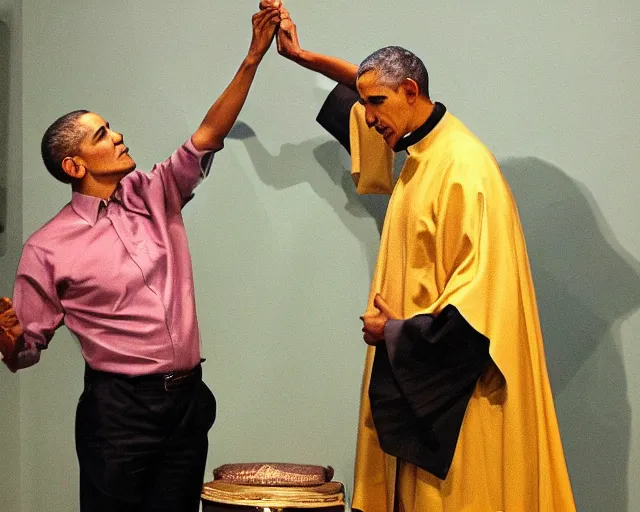 Image similar to obama the pinmp casting a holy spell on a believer. megachurch. brotha