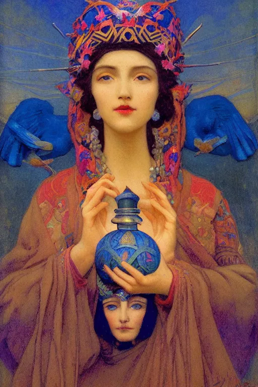 Image similar to queen of the dawn with her lantern and birds, by Nicholas Roerich and Gaston Bussière and jean delville and Annie Swynnerton, elaborate headdress and embroidered velvet, iridescent beetles, rich color, dramatic cinematic lighting, extremely detailed