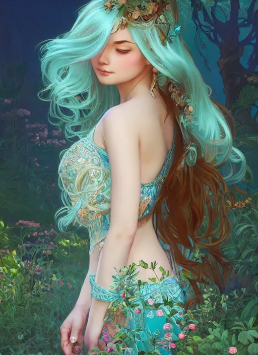 Prompt: beautiful girl with long turqoise hair in a garden, cute, intricate, highly detailed, digital painting, trending on artstation, concept art, smooth, sharp focus, backlit, rim light, vivid colors, illustration, unreal engine 5, 8 k, art by rossdraws and alphonse mucha