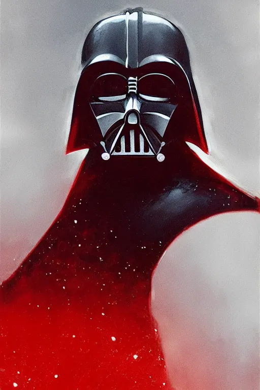 Prompt: darth vader from sideview with large shoulders, armor, dark realistic proportions concept art, detailed art realistic no lightsaber, horror monet, red, ethereal horror fantasy art by greg rutkowski and magali villanueve and monet con