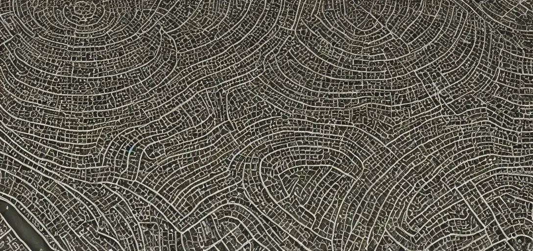 Image similar to small ancient city whose layout is evocative of a resonance interference pattern. 4K. Many intrincate details. Markets and bustling streets.