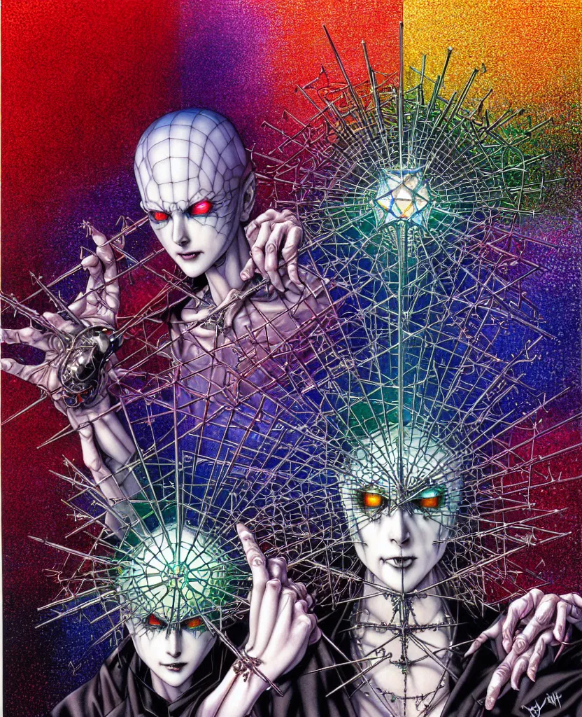 Image similar to realistic detailed image of ultra wrathful rainbow diamond nightmare scientist mega hellraiser depth perception depth of field action horror masterpiece neo - gothic gothic rich deep colors art by yoshitaka amano by yukito kishiro by yoshiyuki sadamoto by artgerm by hajime sorayama