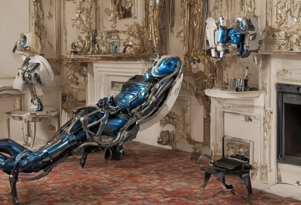 Image similar to Extreme close up photograph of a futuristic robot reclining on a 1950s fainting chair in front of a single beautiful fireplace in a pristine traditional Victorian home, by Simon Stalenhag