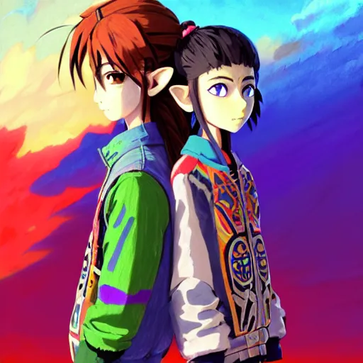 Image similar to majora majora's mask wearing oversized mayan bomber jacket with overalls, bulky poofy bomber jacket with mayan patterns, aztec street fashion, botw art style, gapmoe yandere grimdark, trending on pixiv fanbox, painted by greg rutkowski makoto shinkai takashi takeuchi studio ghibli, akihiko yoshida