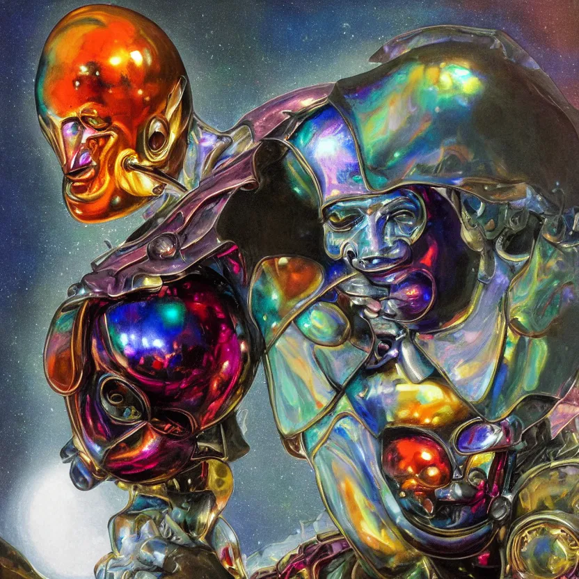Prompt: a close - up neoclassicist sci - fi portrait of a colorful chrome marble sculpture wearing a jester mask holding a dimly glowing orb in a dark moonlit courtyard at night. iridescent textures. glowing fog, black background. highly detailed fantasy science fiction painting by moebius, norman rockwell, frank frazetta, and syd mead. rich colors, high contrast, artstation