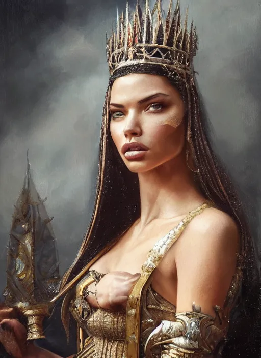 Prompt: portrait of adriana lima as queen in intricate dress, fantasy, artstation, by roberto ferri, fantasy, witcher, very detailed oil painting, masterpiece, 8 k