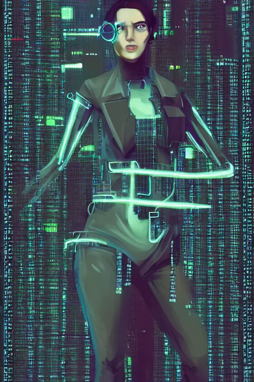 Image similar to full body portrait of cyberpunk girl inspired by william gibsons neuromancer, the sprawl, plain background, ultrafine detail, digital concept art, masterpiece!!!