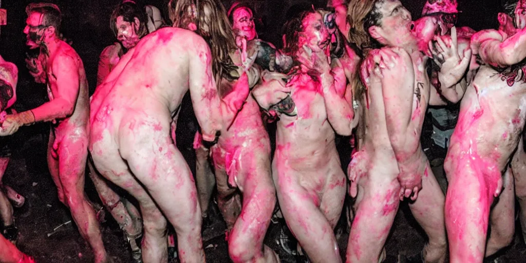 Image similar to a rave of flesh, melting, party, claustrophobic, ultra-realistic