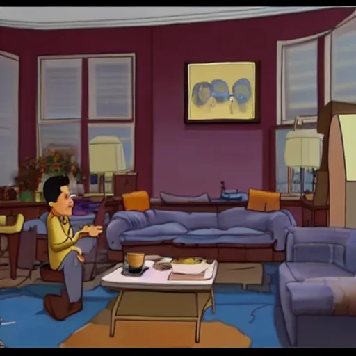 Image similar to Screenshot from Disney Pixar's Seinfeld (2022), inside Jerry's apartment