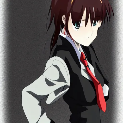 Image similar to Anime Major Kurisu Makise in all black uniform, low angle shot, digital art