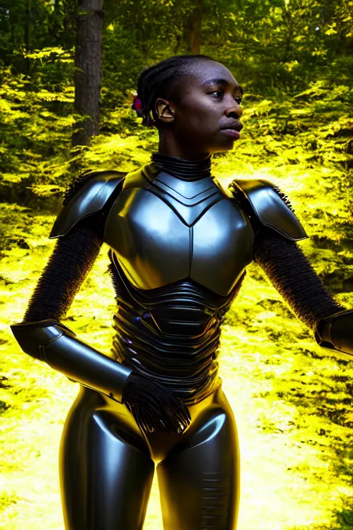 Image similar to hyperrealistic mithra goregous black woman exoskeleton armor in a forest sun behind her concept art eric zener elson peter cinematic side soft yellow light low angle hd 8k sharp shallow depth of field