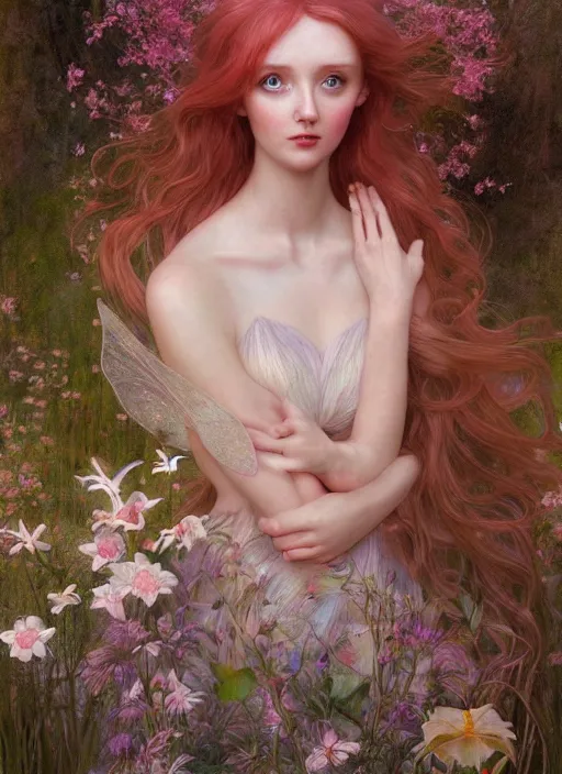 Image similar to hyper realist matte digital painting of a beautifyl fairy, resembling lily cole, in a sunlit clearing, flowers, fairytale, fantasy art, photo realistic, dynamic lighting, artstation, volumetric lighting, by mucha, by charlie bowater, by karol bak, by alma tadema