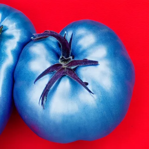 Prompt: blue tomato on red background