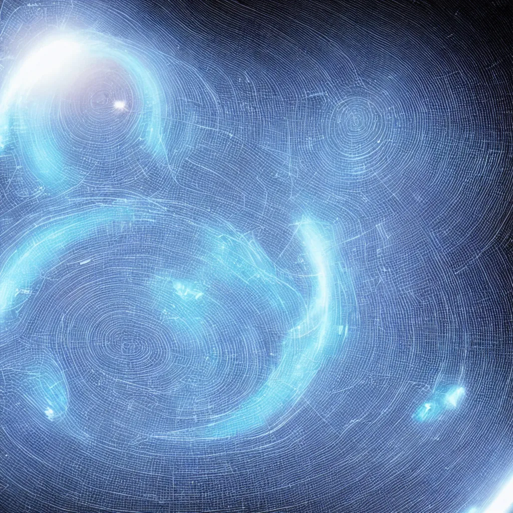 Image similar to black hole inside a circle space ship, glowing tiny blue lines