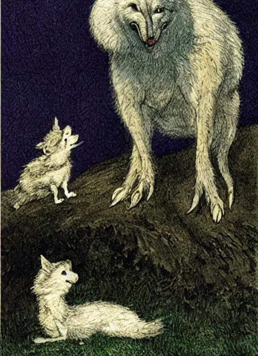 Image similar to howling at the moon, illustrated by peggy fortnum and beatrix potter and sir john tenniel