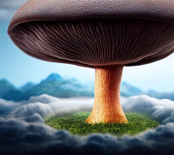 Prompt: a giant mushroom that stretches above the clouds with an upside down city built from the cap instead of gills. highly detailed 8 k. intricate. lifelike. soft light. nikon d 8 5 0. cinematic post - processing