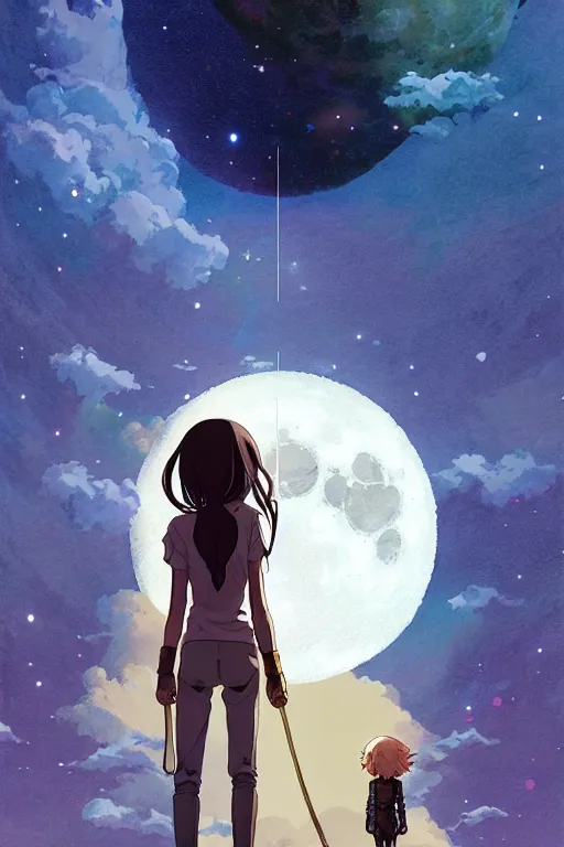 Image similar to a full moon containing the glimmering stairways to otherworldly galaxies, high intricate details, rule of thirds, golden ratio, cinematic light, anime style, graphic novel by fiona staples and dustin nguyen, by beaststars and orange, peter elson, alan bean, studio ghibli, makoto shinkai