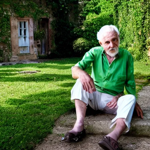 Image similar to mid white hair old man with green shirt and white short, sitting in ile de re house garden, still from purple noon