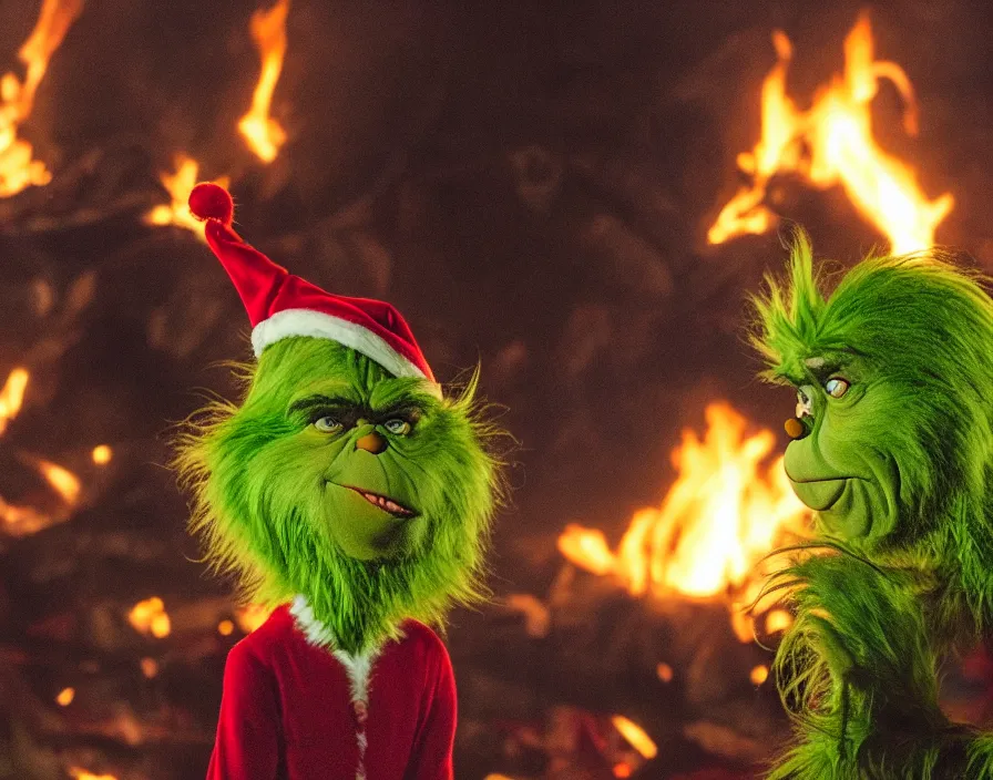 Prompt: the grinch smiling while looking at a 100 ft Christmas tree burning