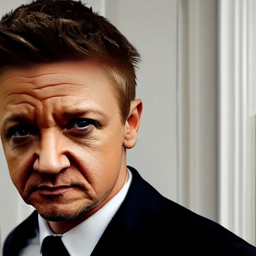 Prompt: jeremy renner as a security guard for the white house, photorealistic, cinematic lighting