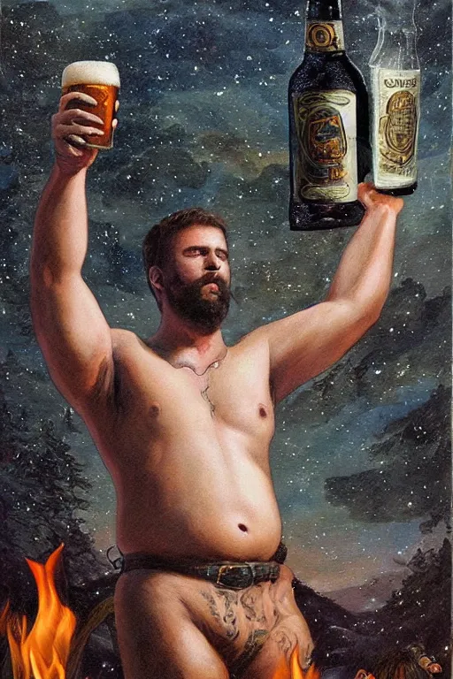 Prompt: a dramatic, epic, ethereal painting of a handsome thicc shirtless cowboy with a beer belly wearing a large belt and bandana | background is a late night campfire with food and jugs of whisky | homoerotic | fire, flames, stars, tarot card, art deco, art nouveau, mosaic, intricate | by mark maggiori, by bill ward | trending on artstation