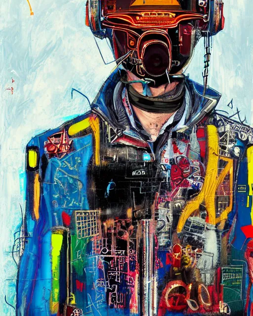 Prompt: a cyberpunk portrait of a figher pilot by jean - michel basquiat, by hayao miyazaki by artgerm, highly detailed, sacred geometry, mathematics, snake, geometry, cyberpunk, vibrant, water