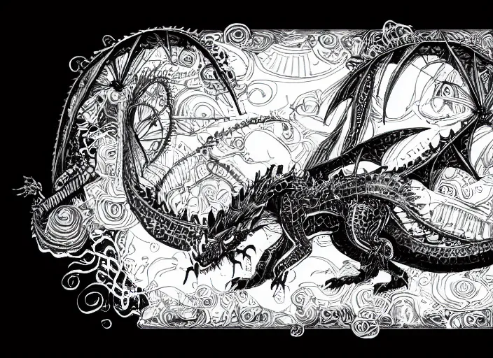 Prompt: simple clear black micron pen illustration, dragon with steam punk apparatus on its side, concept art, white background, artstation