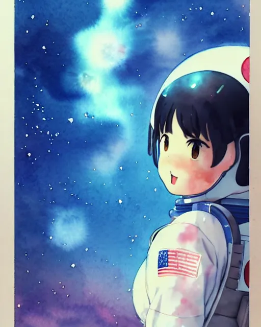Prompt: oriental water color of a cute thicc astronaut woman, floating through space, backlit, realistic anime, by makoto shinkai and krenz cushart