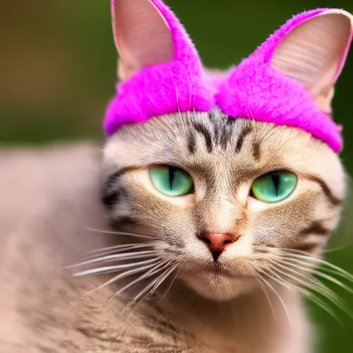 Prompt: a cat wearing a pink hat, 4 k