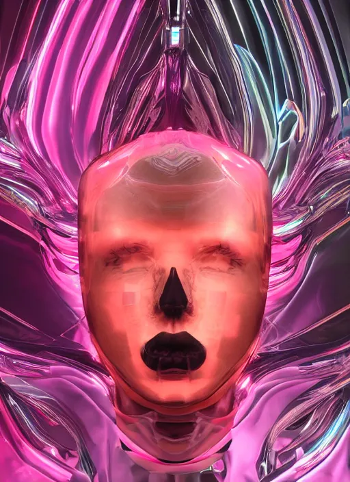 Image similar to photo of fullbodied baroque and bladerunner delicate neon diamond sculpture of robot onyx albino marble prince kai harvatz dotado pink iridescent skull psychedelic, reclining, glowing magenta face, crown of white diamonds, cinematic lighting, photorealistic, octane render 8 k depth of field 3 d