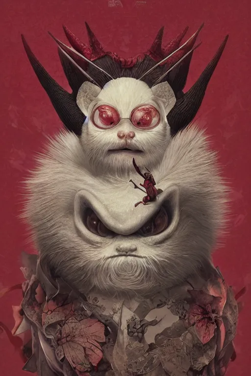 Image similar to a portrait of a cute japanese devil animal illustrated by miyazaki by karol bak, james jean, tom bagshaw, rococo, sharp focus, trending on artstation, cinematic lighting, hyper realism, octane render, 8 k, hyper detailed, vivid, ultra detailed, highly detailed