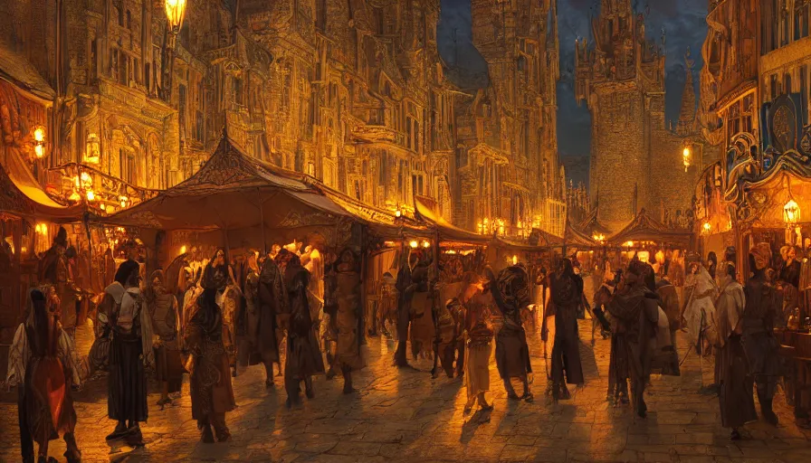 Image similar to medieval city festival near lake at night, beautiful lit lamps, 8 k highly detailed art, intricate, stanley lau, artgerm, artstation, smooth, far shot, wlop, alphonse mucha, cinematic shot, cinematic lighting