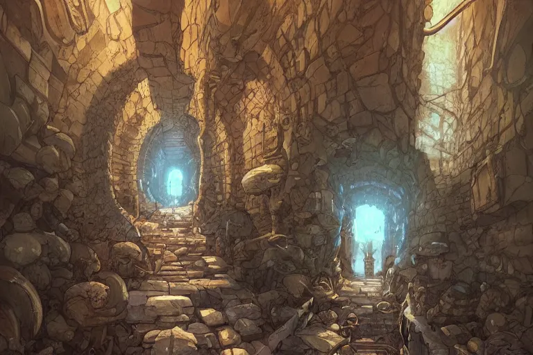 Prompt: one point perspective dungeon cozy fantasy dungeon hallway view with pit in the middle of the ground by artgerm and Craig Mullins, James Jean, Andrey Ryabovichev, Mark Simonetti and Peter Morbacher 16k