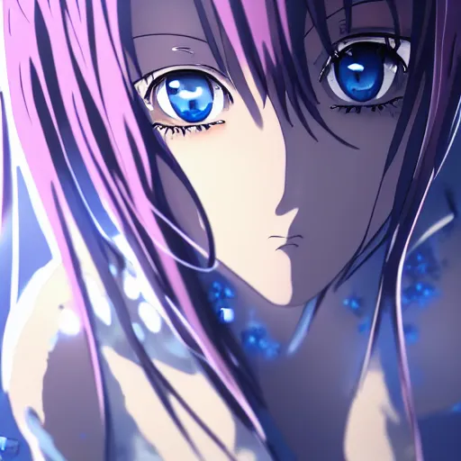 Image similar to key anime visual of a girl with glowing blue eyes; rain falling; close up shot; trending on Pixiv