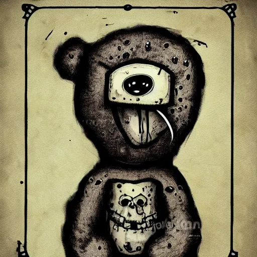 Prompt: dark art cartoon grunge drawing of a teddy bear with a duct taped mouth playing with with toys with bloody eyes by tim burton - loony toons style, horror theme, detailed, elegant, intricate, trending on art station