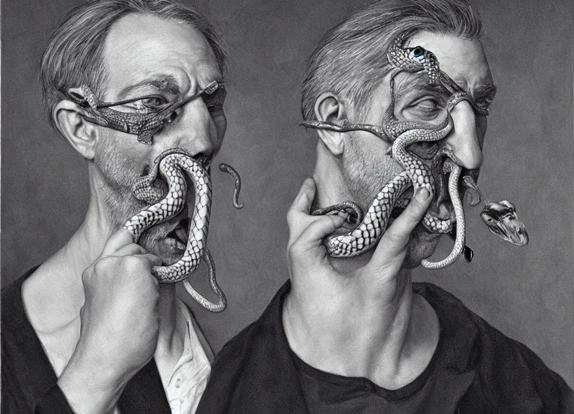 Image similar to Highly detailed portrait of a man with gray hair, a black eye patch, and a snake in his mouth