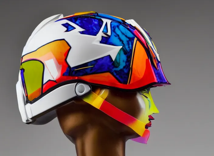 Prompt: beautifully lit photo of a white marble statue of a woman with colorful motocross logos and motorcycle helmet with closed visor, carved marble statue, fine art, in the style of brancusi, virgil abloh, offwhite, denoise, highly detailed