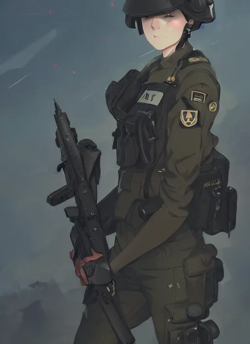 Image similar to portrait of cute soldier girl, black sky background urban landscape illustration concept art anime key visual trending pixiv fanbox by wlop and greg rutkowski and makoto shinkai and studio ghibli and kyoto animation soldier clothing military gear realistic anatomy mechanized police dog