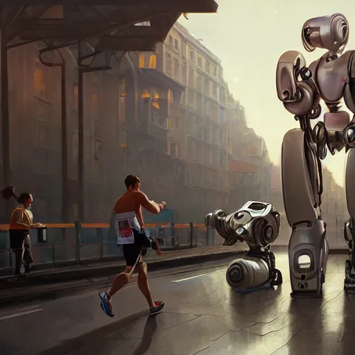 Image similar to beautiful digital painting of man helping robot run a marathon, high detail, 8 k, stunning detail, works by artgerm, greg rutkowski and alphonse mucha, unreal engine 5, 4 k uhd