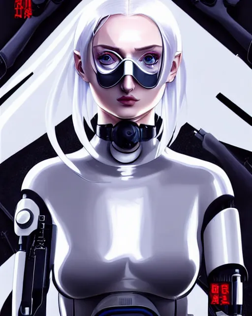 Image similar to white haired cyborg sophie turner wears octopus!!! shaped gas mask, fine detail!! anime!! realistic shaded lighting!! poster by ilya kuvshinov katsuhiro otomo ghost in the shell, rutkowski giger villeneuve artgerm garmash and rob rey