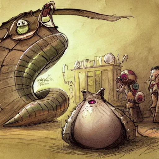 Image similar to giant slug runs amuck in hogwart lab with students, by jean - baptiste monge!!!