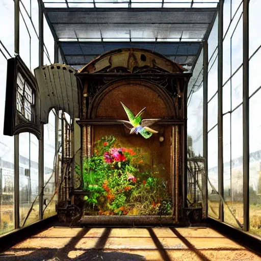 Prompt: a mechanical hummingbird in a old train station. golden hour. matte painting. steampunk. cyberpunk. laboratory. flowers. vines. weeds. moss. rembrandt. jeff koonz