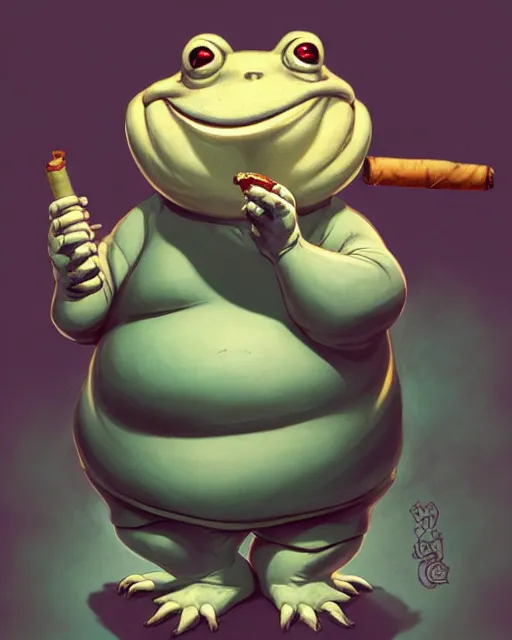 Prompt: a fat short anthropomorphic toad smoking a cigar, battle stand, smooth, intricate, elegant, power aura, digital painting, artstation, concept art, high tech fantasy, sharp focus, illustration, art by james jean and justin gerard,