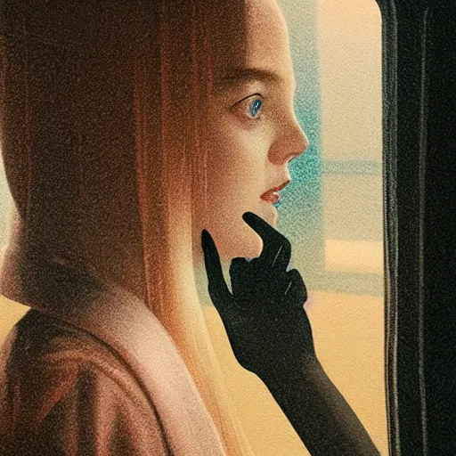 Image similar to silhouette of Elle Fanning gazing out a train-car window, stormy weather, extremely detailed masterpiece, oil on canvas, low-key neon lighting, artstation, Blade Runner 2049, Roger Deakin’s cinematography, by J. C. Leyendecker and Peter Paul Rubens,