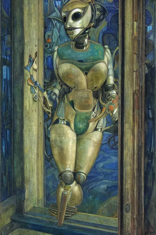 Prompt: the queen in her robot mask stands by the window, by Annie Swynnerton and Diego Rivera and Elihu Vedder, symbolist, dramatic lighting, night time, elaborate geometric ornament, Art Brut, soft blues and greens,smooth, sharp focus, extremely detailed, Adolf Wölfli and (Evelyn De Morgan)