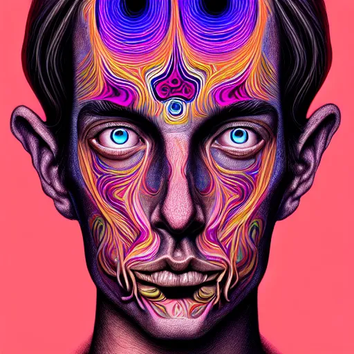 Prompt: An extremely psychedelic portrait of Alex Gray, surreal, LSD, face, detailed, intricate, elegant, lithe, highly detailed, digital painting, artstation, concept art, smooth, sharp focus, illustration