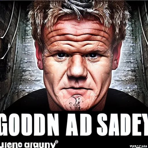 Image similar to Gordon Ramsey hiding in a sewer, creepy, grunge, IT