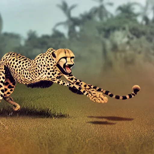 Image similar to a humanoid cheetah fighting in the vietnam war, 4 k, hyper realistic, dslr, landscape, high resolution