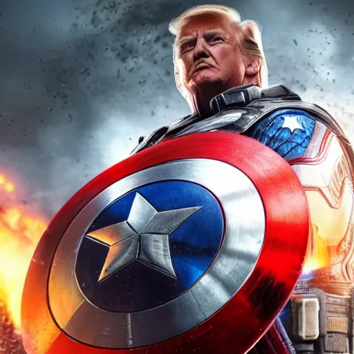 Image similar to Portrait! of President Donald Trump as ((captain america)) in Gears of War, splash art, movie still, cinematic lighting, dramatic, octane render, long lens, shallow depth of field, bokeh, anamorphic lens flare, 8k, hyper detailed, 35mm film grain